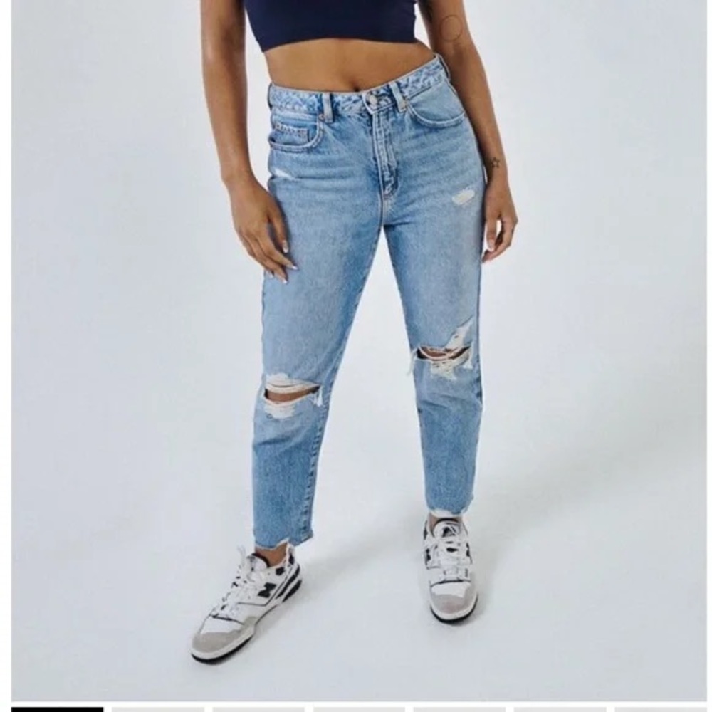 Garage Light Blue Distressed Straight Leg Mom Jeans